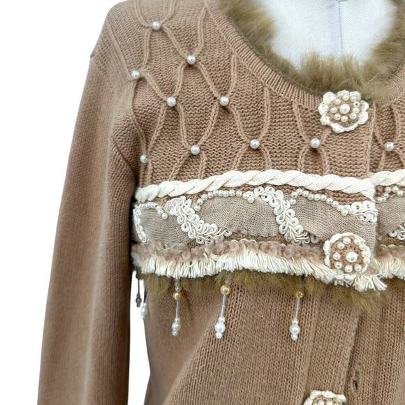 Storybook Knits Pearl Beaded Fur Trimmed Cardigan Sweater Tan Camel Size Small - Picture 3 of 14
